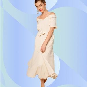 Beige off shoulder dress by Petite Studio NYC